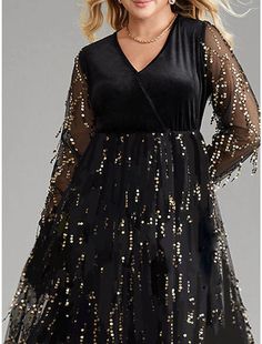 Women's Plus Size Black Dress Velvet Dress Sequin Dress Midi Dress Black Long Sleeve Pure Color Sequins Spring Fall Winter V Neck Fashion Winter Dress Wedding Guest Birthday Black Long Sleeve Banquet Dress, Black Long Sleeve Dress For Banquet, Holiday Black A-line Dress, Black Dresses For Wedding And Party Season, Black Dress For Wedding And Party Season, Black Wedding Dress For Party Season, Black Sequined Dresses For Fall, Black A-line Dress For Holidays, Black Sequin Dress For Banquet