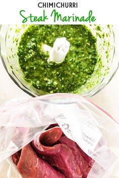 steak marinade in a bag next to a food processor with the lid open and meat inside