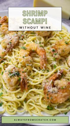 shrimp scampi with pasta on a white plate