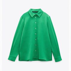 Shirt With Lapel Collar. Long Sleeves With Cuffs. Front Button Closure. Green Button-up Blouse With Button Cuffs, Trendy Green Tops With Button Cuffs, Green Button-up Shirt With Button Cuffs, Elegant Green Tops With Button Cuffs, Classic Green Blouse For Work, Classic Green Shirt With Button Cuffs, Green Collared Blouse With Button Cuffs, Classic Green Office Shirt, Elegant Green Zara Shirt