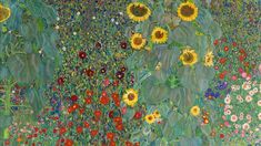 a painting of sunflowers and other flowers in a field