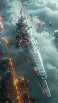 an aerial view of a large ship in the middle of some clouds with lights on