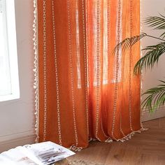 an orange curtain hanging in front of a window next to a potted palm tree