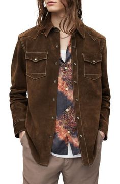 Tailored with traditional Western details, this supple suede shirt will keep you cool and stylish from the prairie to city streets. Point collar Long sleeves with two-snap cuffs Leather Professional leather clean Imported Party Shirts Men, Suede Jacket Men, Cowboy Jacket, Western Denim Shirt, Western Jacket, Cruise Shirt, Men Suede, Men's Leather Jacket, Brown Suede Jacket