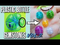 plastic bottle gemstones in the palm of someone's hand with an arrow pointing to them