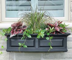 a window sill with plants in it on the side of a brick building,