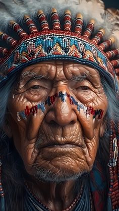 Learn to create photos like this using AI. Man Face Tattoo, Indigenous Artwork, Photorealistic Portraits, Realistic Photos, Men With Grey Hair, Native American Chief, Indian Man