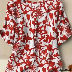 Olivia Mark - Womens Plus Size Floral Print Short Sleeve Round Neck Casual Blouse with Button Closure Red Printed Button-up Top, Red Button-up Tops For The Beach, Red Button-up Blouse For Vacation, Red Button-up Blouse For Beach, Red Button-up Blouse For The Beach, Casual Red Blouse With Buttons, Red Vacation Tops With Button Closure, Red Vacation Top With Button Closure, Red Short Sleeve Blouse With Button Closure