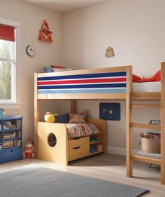 a child's bedroom with bunk beds and toys