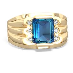 This ring features a 2.49 carat emerald-cut london topaz, surrounded by six brilliant diamonds, all set in a sturdy 14K Yellow Gold band with a stylish design. A perfect gift for that special someone in your life, to whom you would like to remind of your love. Signet Ring Men, Emerald Cut Rings, Personalized Gifts For Men, Rose Gold Band, Mystic Topaz, Blue Sapphire Rings, Topaz Gemstone, Topaz Ring, Ring Wedding