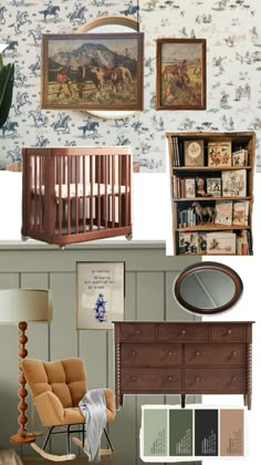 a baby's room with furniture and wallpaper