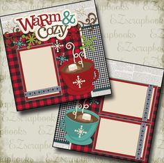 two scrapbook pages with coffee cups and snowflakes