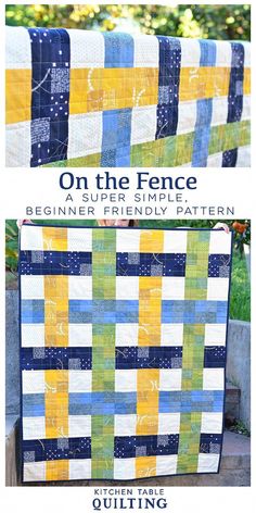 an image of a quilt with the title on the fence written in blue and yellow