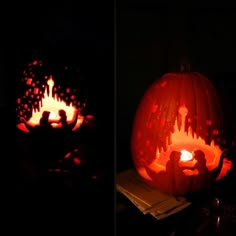 two pumpkins carved to look like people in the dark