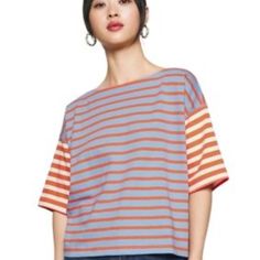 Approximately 21 Inches Long And 23 1/2 Inches Across The Under Arms. I Love This Color Combination. Gap Trendy Relaxed Fit Tops, Gap Relaxed Fit Trendy Tops, Trendy Relaxed Fit Gap Tops, Gap Striped Cotton Tops, Striped Cotton Gap Tops, Oversized Cotton Tops By Gap, Red Gap Tops For Spring, Gap Red Tops For Spring, Casual Striped Tops From Gap