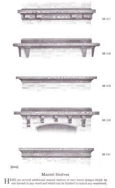 three different types of stone shelves in various shapes and sizes, with measurements for each shelf