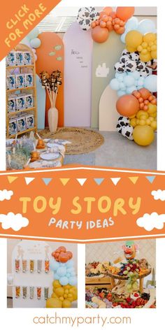 a toy story party with lots of balloons and toys in the background, including an orange banner