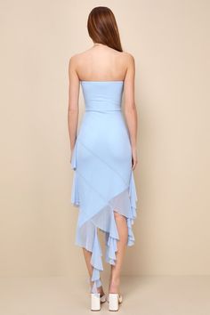 Get ready to wow when you walk in to the venue wearing the Lulus Iconic Babe Light Blue Mesh Asymmetrical Strapless Midi Dress! Sheer and stretchy mesh overlays this unique dress that has a strapless, darted bodice with a straight, elasticized neckline and a fitted waist. Skirt has a flattering, figure-hugging effect, with tiers of asymmetrical ruffles that create trailing ruffled details across the asymmetrical midi hem. Fit: This garment fits true to size. Length: Ankle length. Size medium mea Mesh Midi Dress, Blue Homecoming Dresses, Unique Dress, Dress With Ruffles, Night Dress For Women, Wedding Top, Strapless Midi Dress, Casual Wedding Dress, Adhesive Bra