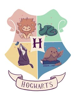 the hogwart's crest is shown with four different animals and letters on it