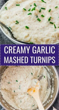 creamy garlic mashed turnips in a bowl with a spoon