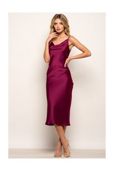 Magenta Cowl Neck Satin Midi Dress - Dresses from Yumi UK Magenta Dress, Cami Midi Dress, Dress Colour, Color Magenta, Urban Dresses, Curved Back, Satin Color, Satin Midi Dress, Satin Slip