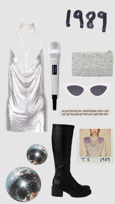 a woman's outfit and accessories are arranged in the shape of a disco ball