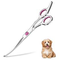 a small dog sitting next to a pair of scissors with pink tips on it's blades