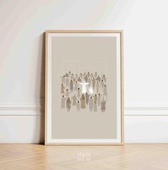 an art print with people standing in front of it on the wall next to a wooden floor