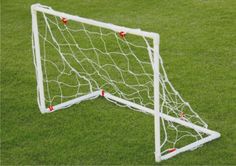 a soccer goal on the grass with red balls stuck in it's back end