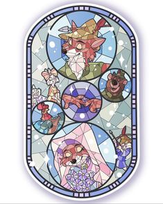 a stained glass window with several characters on it