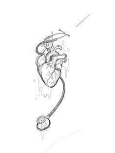 a black and white drawing of a heart with a stethoscope attached to it