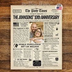 an old newspaper with the image of a man and woman on it, in front of a wooden background