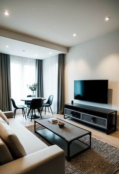 a living room filled with furniture and a flat screen tv on top of a wooden table