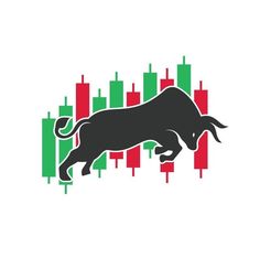 the bull is jumping over an upward chart with red and green bars in the background