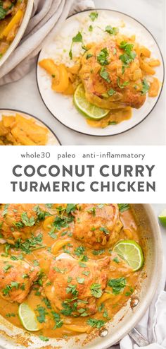 coconut curry turmeric chicken in a white bowl with limes and cilantro