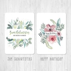 two greeting cards with watercolor flowers on them and the words happy birthday to you