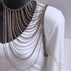 Show Off Some Skin In Style! This Unique Piece Is Made For The Bold And Beautiful. A Thick Brushed Silver Double Curb Chain Around The Arm, With Layers Of Vintage Silver Chains, Including Mother And Son Chain, Rolo, Box Chain, Curb, Snake And Cable Chain, Connecting To Silver Cable Chain Around The Neck. Along With Two Chains Hanging Down The Arm. The Arm Chain Is Around 16 Inches Around And The Neck Is Adjustable To Any Length. Silver Choker Body Chain, Silver Metal Body Chain With Double Chain, Silver Double Chain Metal Body Chain, Silver Chain Link Body Chain, Silver Metal Chain Link Body Chain, Silver Chic Adjustable Body Chain, Chic Silver Adjustable Body Chain, Bohemian Double Chain Necklace For Party, Bohemian Silver Chain Necklace For Party