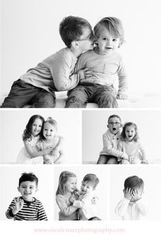 black and white photo collage of four children with their faces touching each other's noses