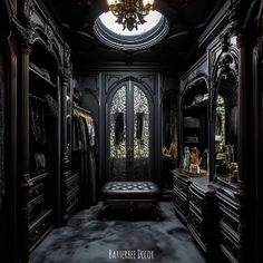 an ornately decorated walk in closet with chandelier