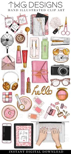 an illustrated book with pink and gold items