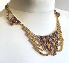 Showstopping Vintage Prom or Party Rhinestone Bib Necklace - Etsy Revival Design, Vintage Prom, Claw Prong, Egyptian Revival, Bib Necklaces, Purple Crystal, Clear Stone, Purple Crystals, Baguette Cut