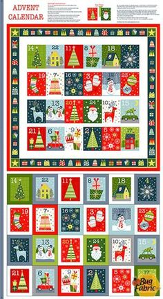 the christmas calendar quilt pattern is shown in red, green and blue