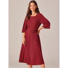 Seta T Women's Elegant Crewneck Bell 3/4 Sleeve Tie Waist Casual Midi Dress with Pockets is a versatile addition to your wardrobe. The fashion style includes Bell 3/4 Sleeve, Round Neck, Side Zipper, High Waist, Two Pockets, and Belted design. The elegant midi knit dress flatters any body shape, making it a timeless piece suitable for various occasions. Crafted from 95% Polyester and 5% Spandex, this dress is lightweight, comfortable, and breathable, ideal for any season. Its chic and understate Red Midi Dress With 3/4 Sleeves, Red 3/4 Sleeve Midi Dress For Fall, Red Midi Dress With 3/4 Sleeves For Fall, Midi Knit Dress, Casual Midi Dress, Midi Dress With Pockets, Ballet Dress, Midi Dress Casual, Womens Crewneck