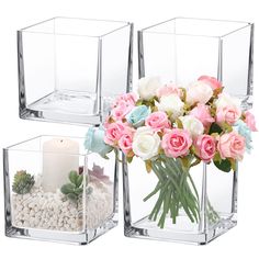 three square vases with flowers and rocks in them, one filled with white and pink roses