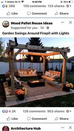 an outdoor living area with wooden furniture and lights on the roof, surrounded by flowers