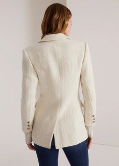 THE CITY BLAZER | Favorite Daughter White Wool Blazer With Lapel Collar, Classic White Wool Tweed Jacket, Luxury Cream Blazer For Winter, White Tweed Jacket For Workwear In Winter, White Long Sleeve Tweed Jacket For Business, Chic White Wool Blazer, White Tweed Business Jacket For Fall, Formal White Tweed Jacket For Winter, White Notch Lapel Tweed Jacket For Work