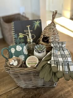 a basket filled with items sitting on top of a wooden table