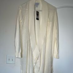 Sofia Vergara Long Cardigan Size Xs Length 35” New With Tags Same Or Next Day Shipping Cross Posted Long Fitted Cream Cardigan, Fitted Open Front Sweater For Daywear, Wrap Cardigan For Daywear, Fitted Cream Cardigan For Loungewear, Black Bra Top, Blue Peplum Top, Leopard Print Cami, Peplum Crop Top, Pink Long Sleeve Blouse