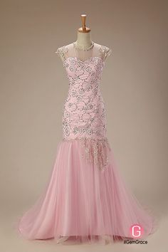 Fitted Pink Gown With Illusion Neckline, Fitted Tulle Evening Dress For Pageant, Tulle Floor-length Mermaid Dress For Prom, Floor-length Tulle Mermaid Dress For Prom, Tulle Mermaid Prom Dress, Prom Tulle Mermaid Dress, Tulle Mermaid Dress For Prom, Prom Season Tulle Evening Dress With Mermaid Hem, Pageant Evening Dress With Sweep Train In Tulle