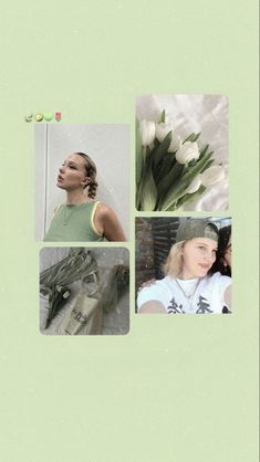 a collage of photos with white flowers in the middle and one woman's face